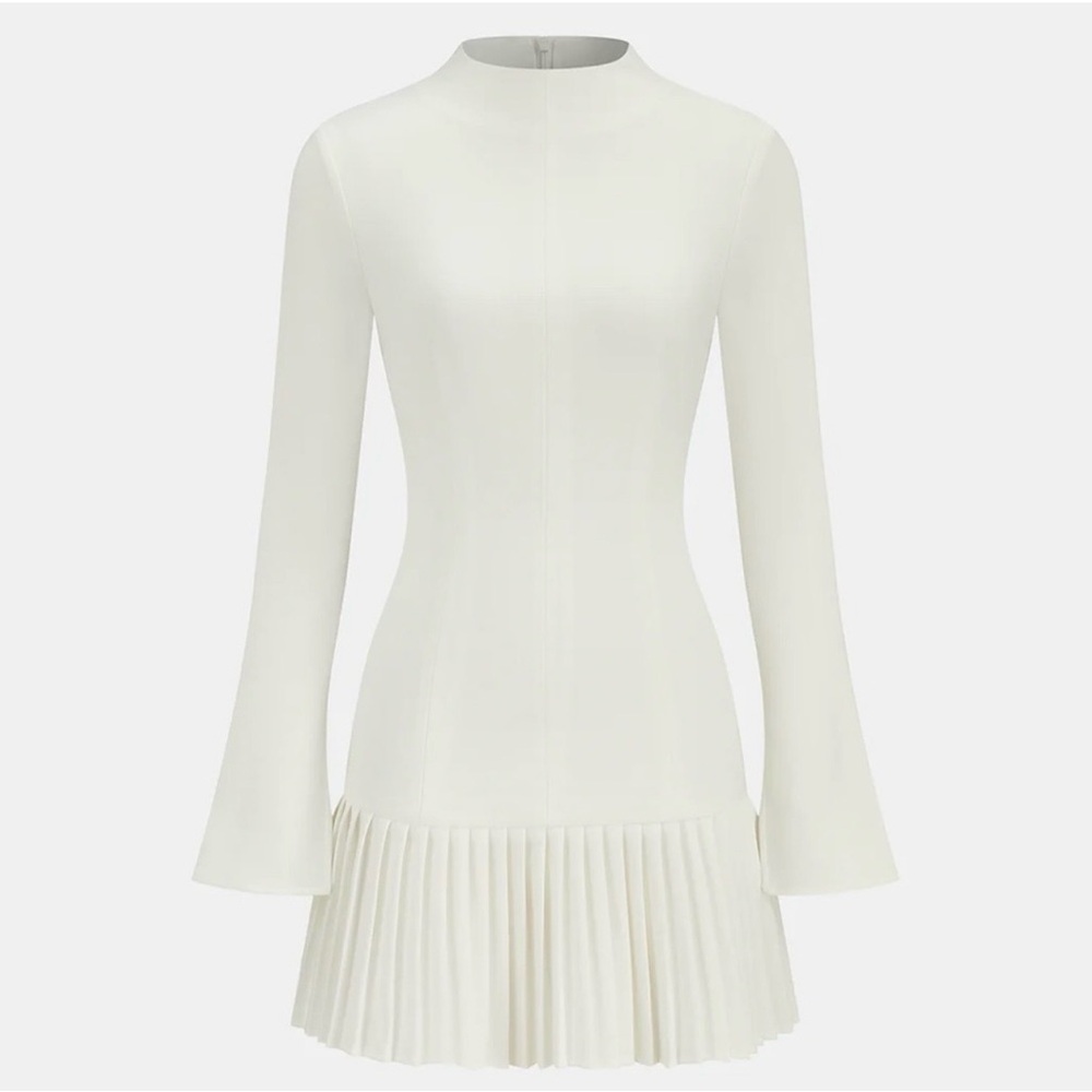 Commense Red Pleated Hem Mock Neck Mini Dress XS NWT Long Sleeve White - Picture 4 of 12